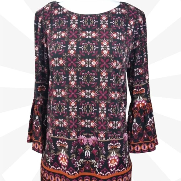 London Style Collection Bell Sleeve Boat Neck Multicolor Shift Dress Size 8 - Picture 6 of 7